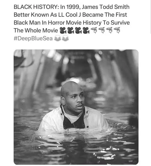 A black-and-white photo shows LL Cool J submerged in water up to his chest, looking concerned. Overlaid text claims he was…