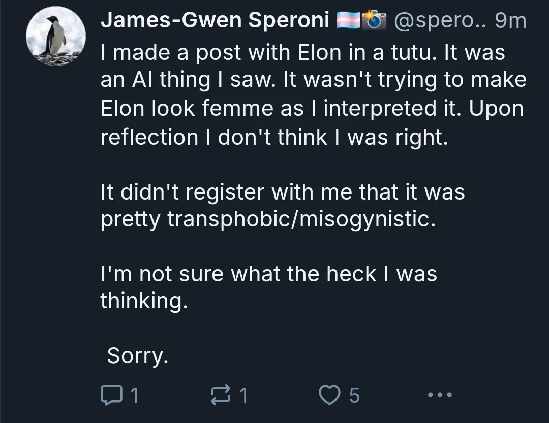A screenshot of a tweet by James-Gwen Speroni, who apologizes for sharing an AI-generated image of Elon Musk in a tutu…