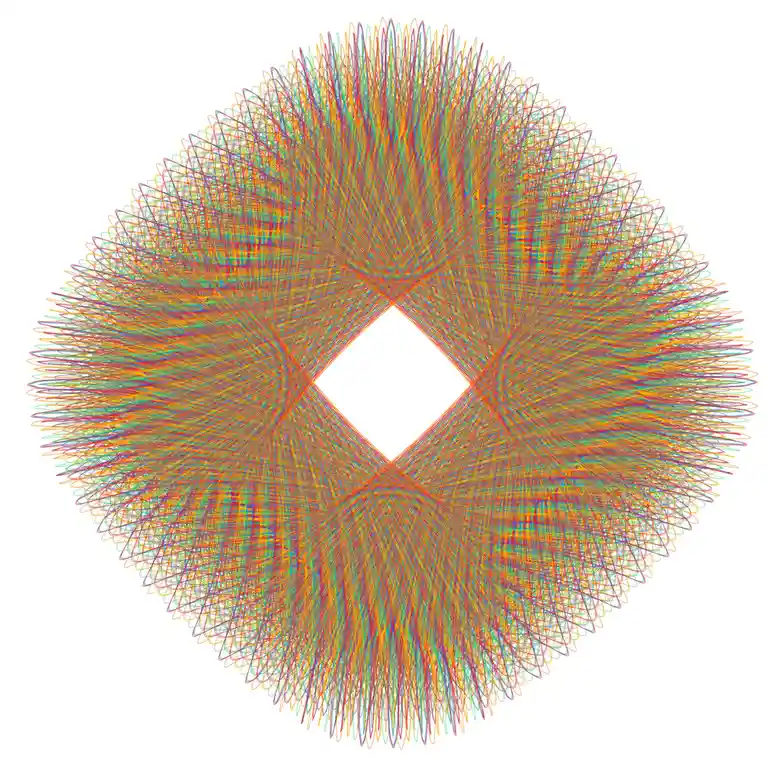 The image displays a complex, colorful abstract pattern composed of numerous thin, overlapping lines radiating outward from…