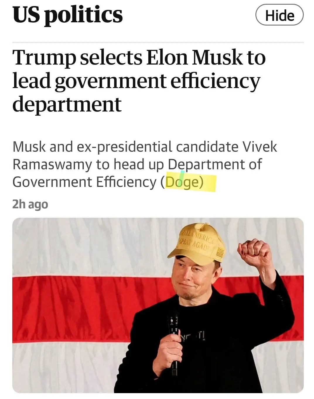The image shows a screenshot of a fake news article titled 'Trump selects Elon Musk to lead government efficiency…