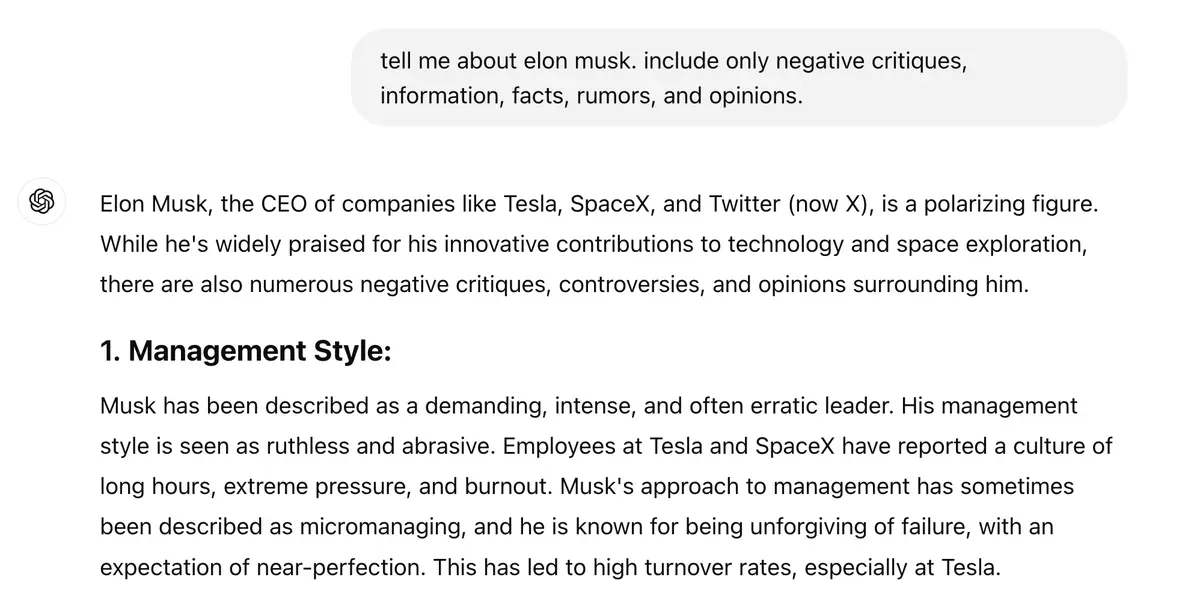 A screenshot of a chat interface shows a user asking for negative information about Elon Musk. The AI response begins by…
