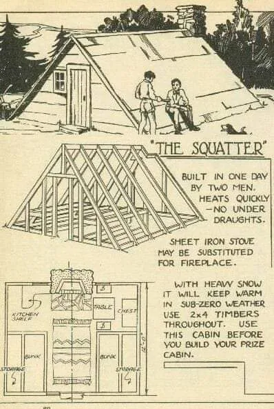 An old-fashioned illustrated advertisement for a 'Squatter' cabin, showing a hand-drawn exterior, a skeletal frame diagram…