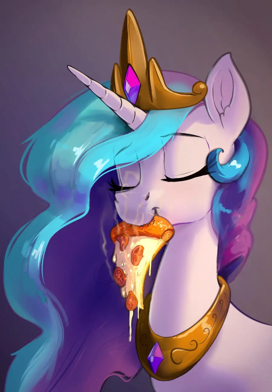 A stylized purple unicorn with a long blue mane, wearing a golden crown and ornate collar, is shown blissfully eating a…
