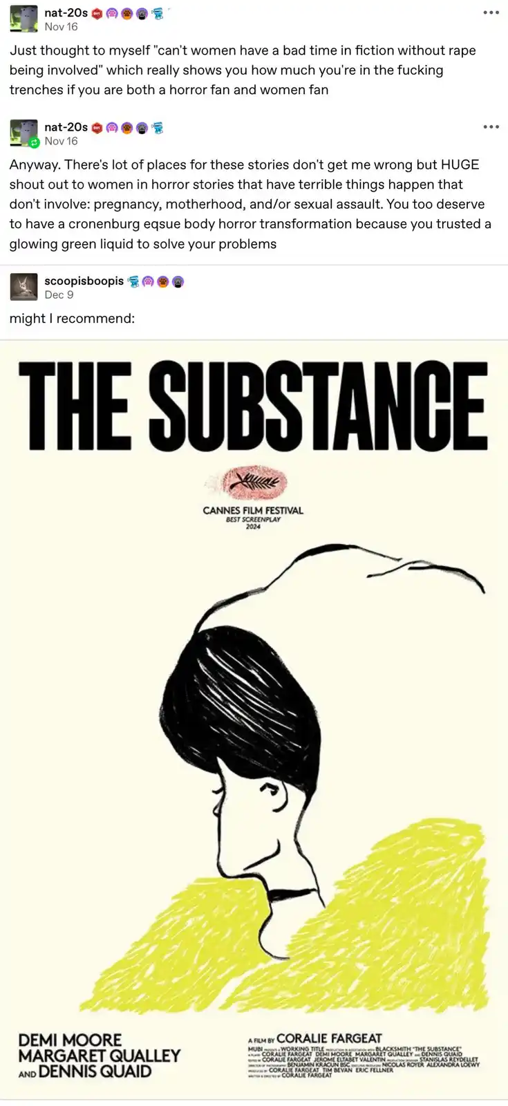 The image displays the official movie poster for 'The Substance,' featuring a minimalist black-and-white illustration of a…