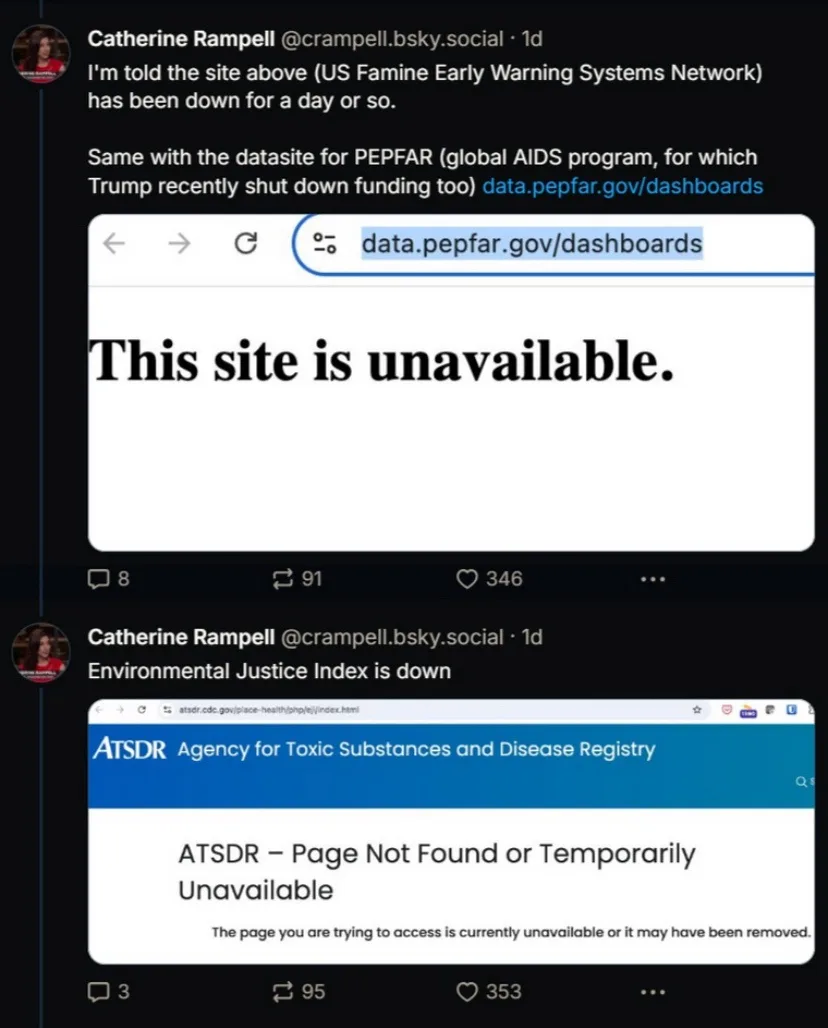 A screenshot of two social media posts by Catherine Rampell showing government websites down: one displays 'This site is…