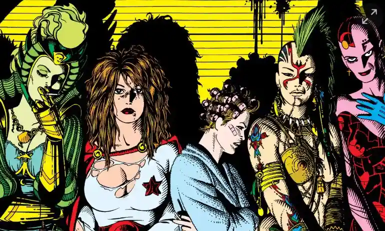 A comic book-style illustration shows five elaborately dressed, stylized characters with exaggerated features and bold…