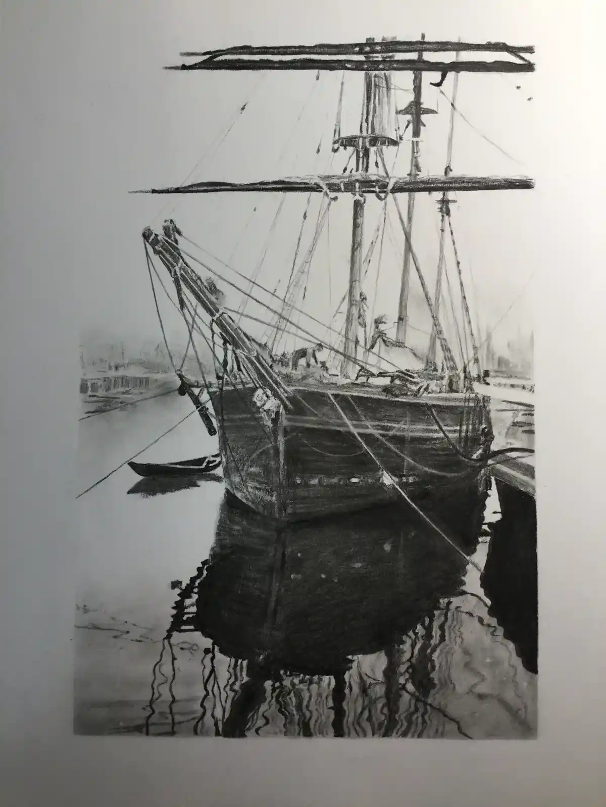 A black-and-white sketch depicts a large, detailed sailing ship docked in calm water, with its reflection distorted by…