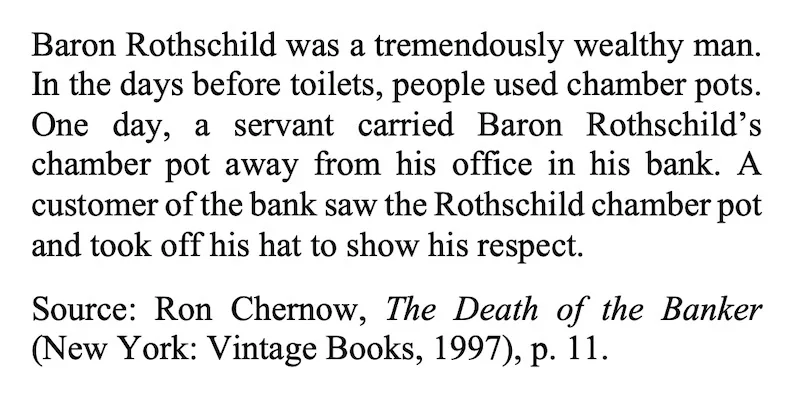 A black-and-white text image presents a historical anecdote about Baron Rothschild, detailing how his chamber pot was…