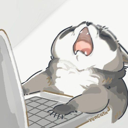 A cartoon cat is lying on its back on a laptop keyboard, yawning widely with its mouth open. The artist's signature…