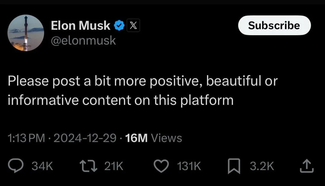 A screenshot of a social media post attributed to Elon Musk, showing his profile picture of a rocket launch, his verified…