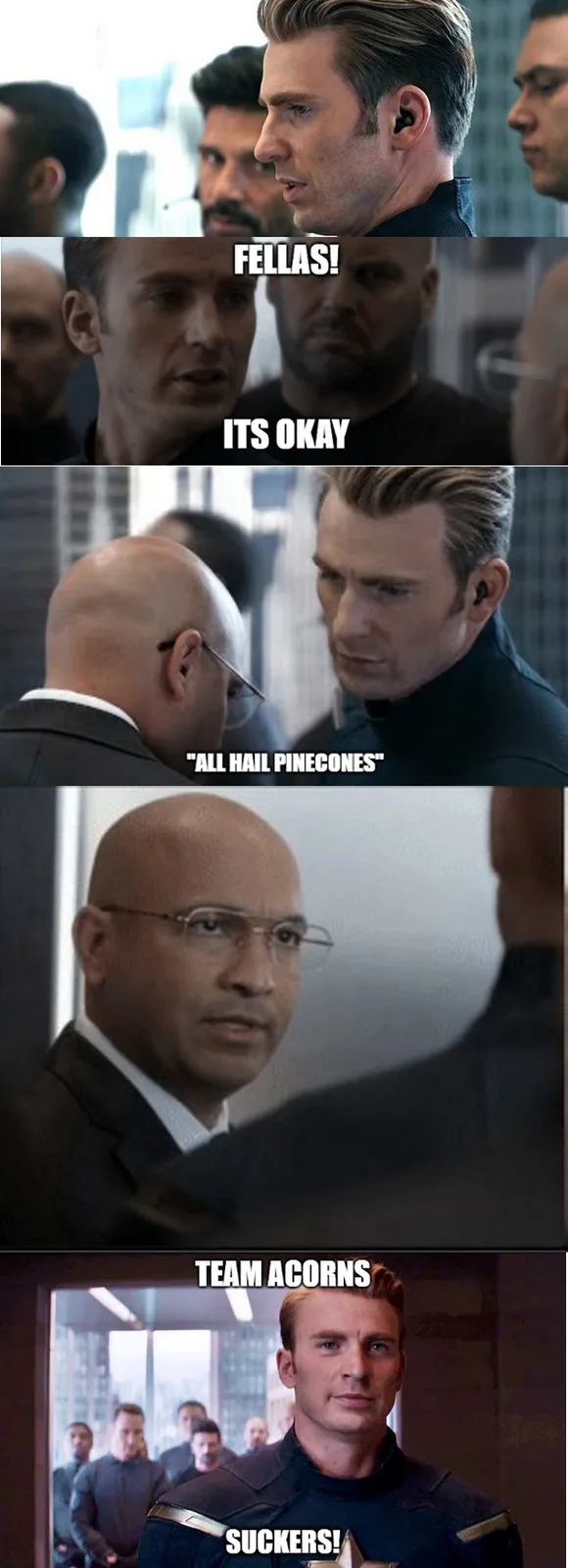 A five-panel meme featuring Chris Evans as Captain America in a tense scene. The text overlays read 'FELLAS!', 'ITS OKAY'…