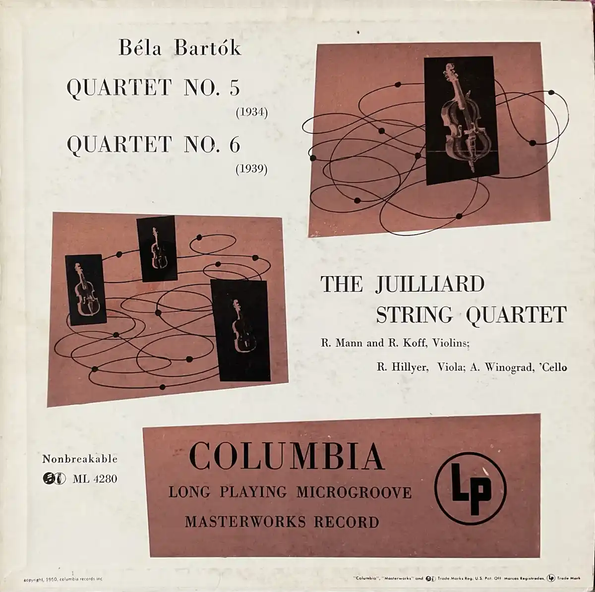 This is a vintage Columbia LP record sleeve for Béla Bartók's Quartet No. 5 (1934) and Quartet No. 6 (1939), performed by…