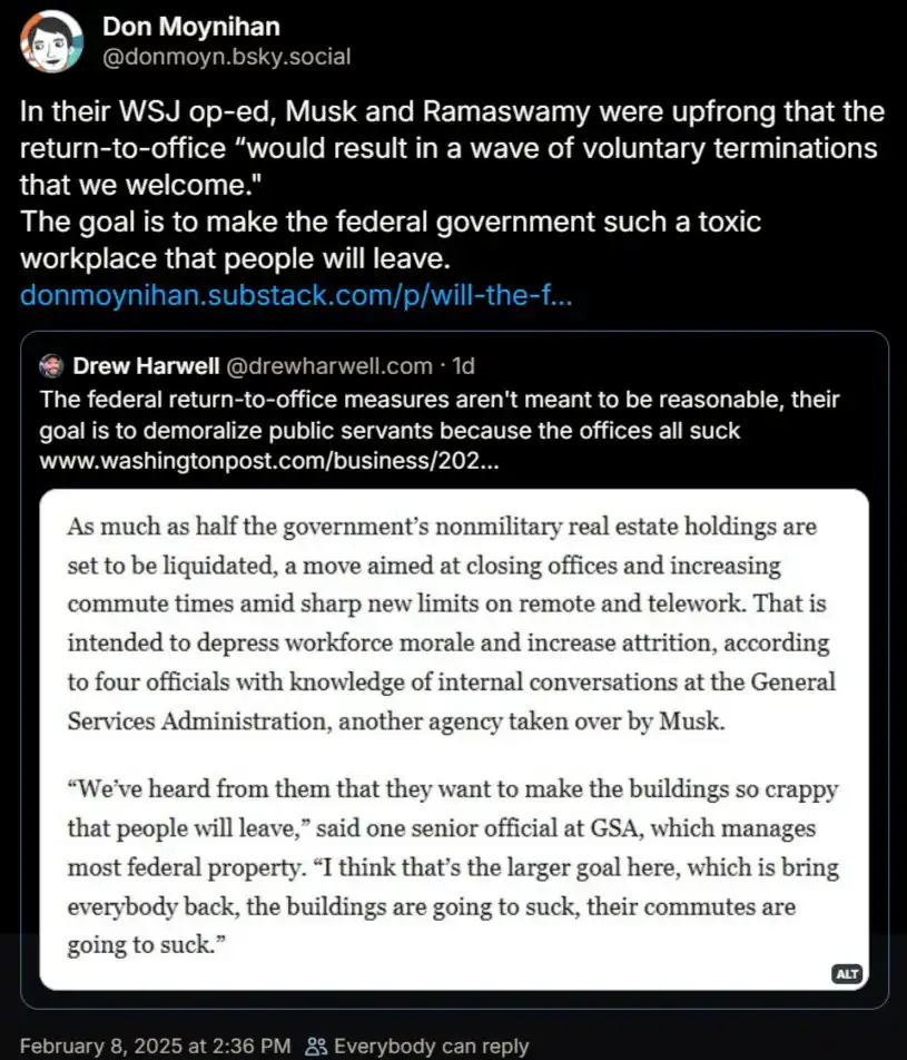 A screenshot of a social media thread showing two posts discussing Musk and Ramaswamy's plan to make federal government…