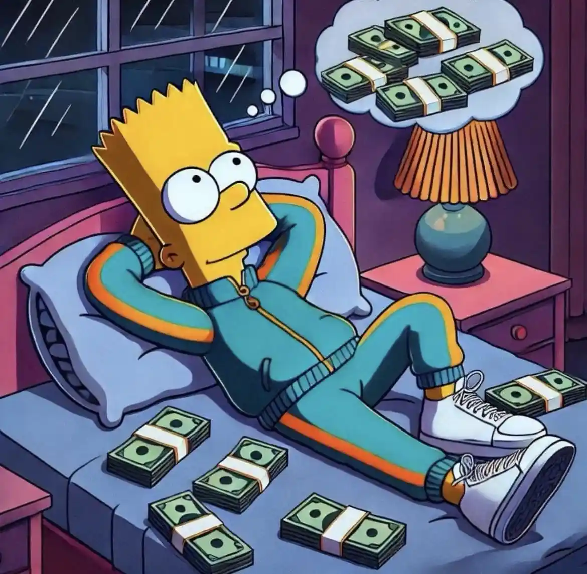 bart simpson lies relaxed on his bed surrounded by stacks of cash, with a thought bubble above his head showing more money…