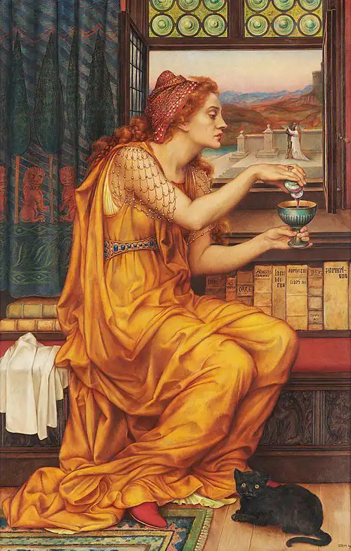 A woman in a golden robe pours a red liquid from a small bottle into a goblet while seated by a window. A black cat lies on…