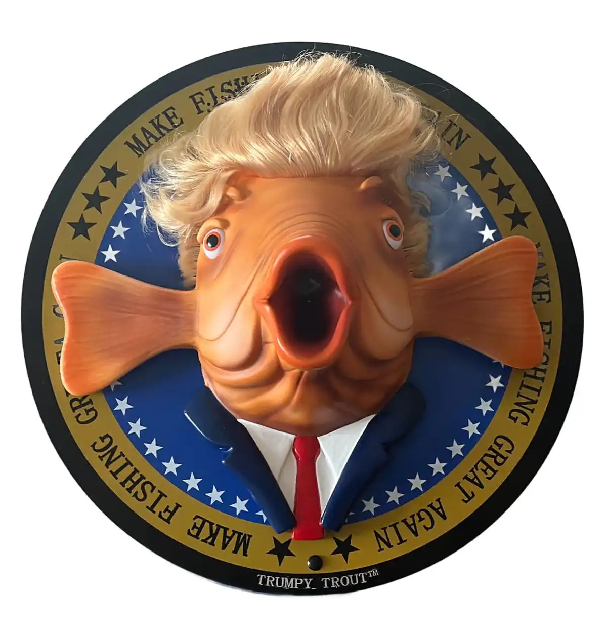 A circular emblem features a cartoonish orange trout with a human-like face, wearing a blue suit, white shirt, and red tie…