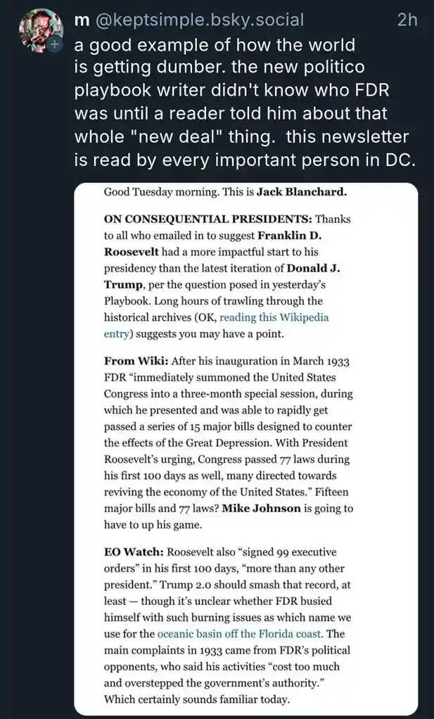 A screenshot of a newsletter by Jack Blanchard comparing Franklin D. Roosevelt's early presidency to Donald J. Trump's…