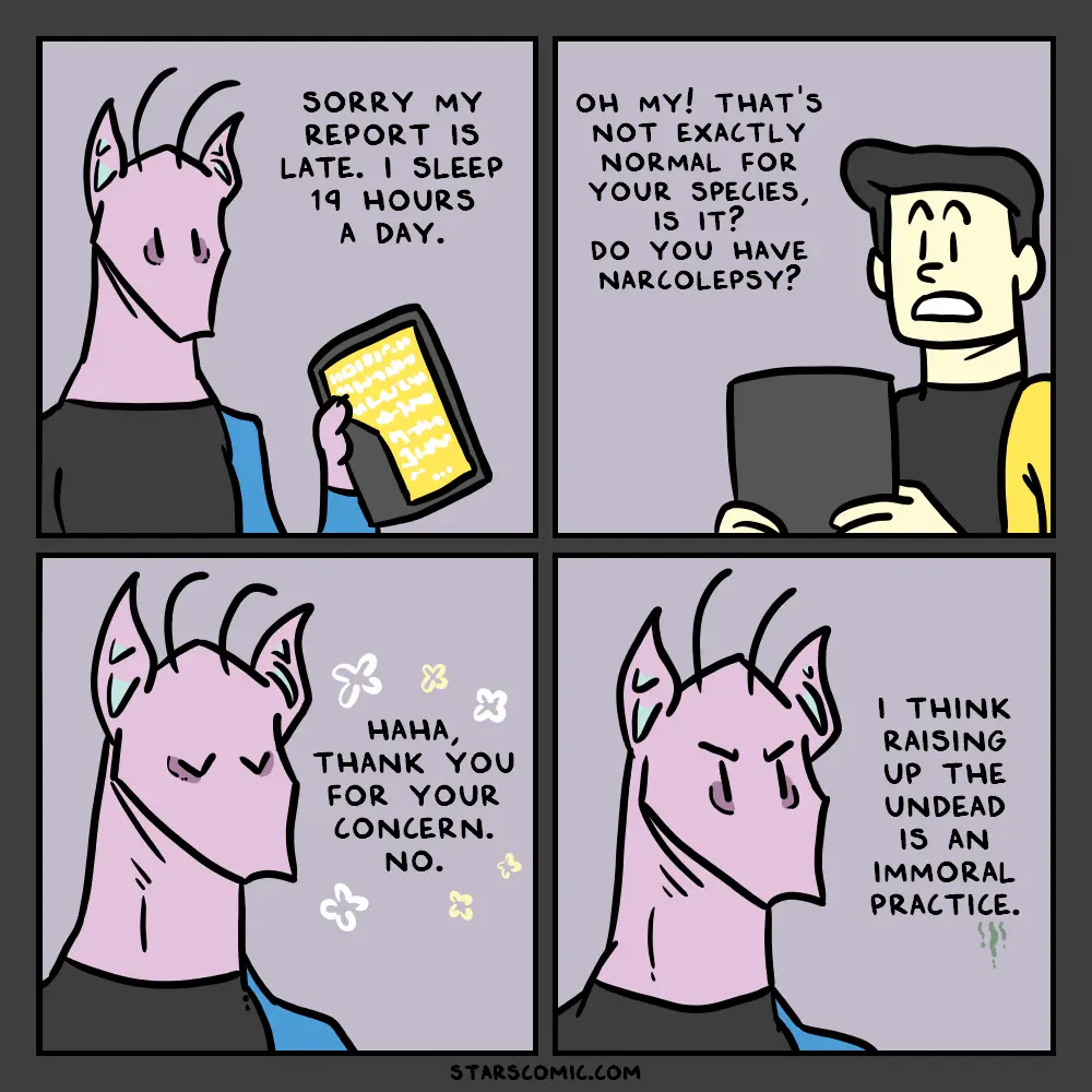 A four-panel comic shows a pink-skinned, horned creature explaining a late report due to sleeping 19 hours a day. A human…