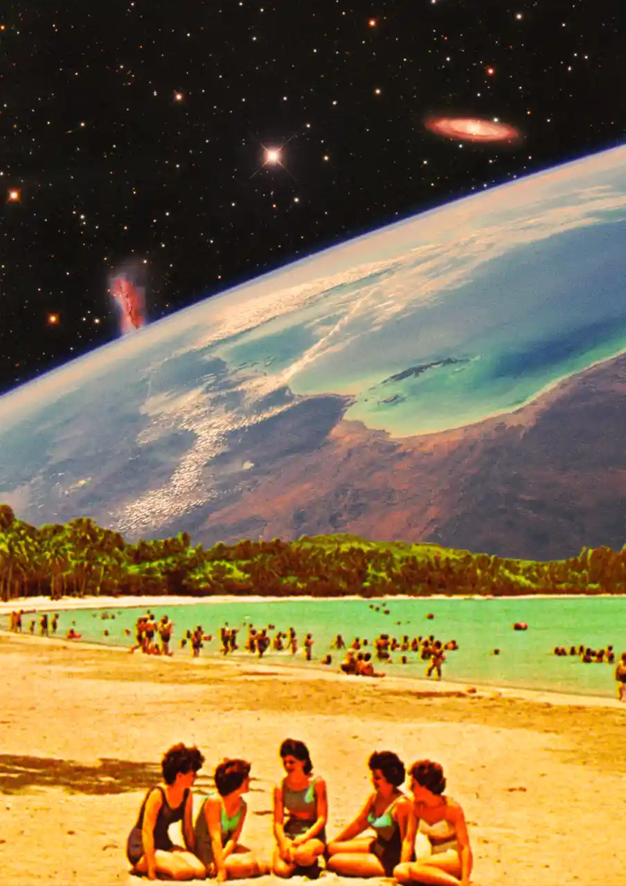 A surreal beach scene shows people in swimsuits relaxing on sand, with a vast, curved planet and starry space dominating the…