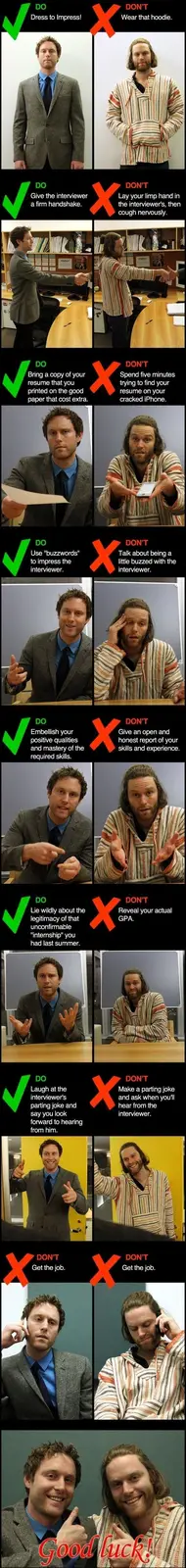 This meme contrasts two men in a job interview scenario, one dressed professionally with a green checkmark for 'DO' actions…