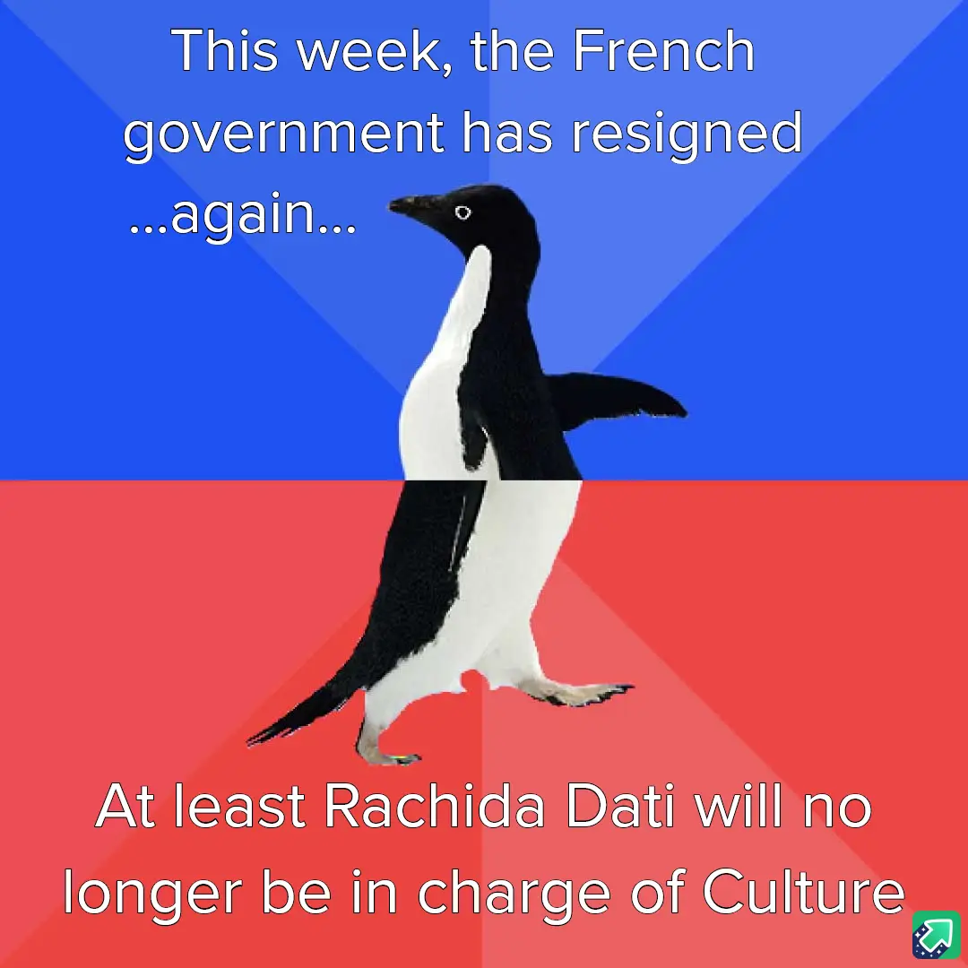 A penguin stands centered against a background split into blue and red diagonal sections. White text at the top reads 'This…