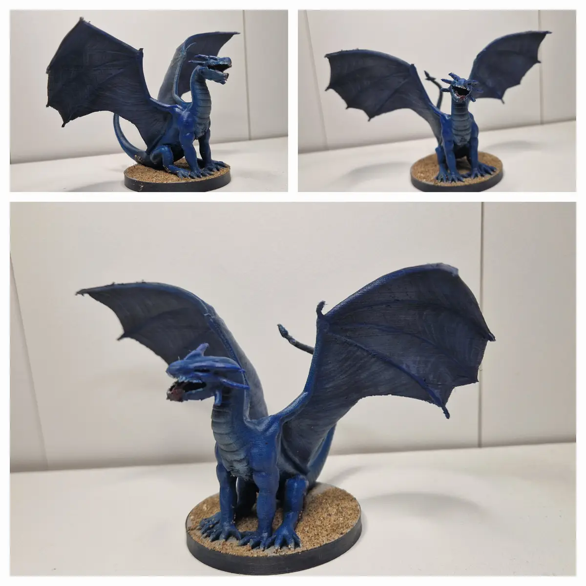 Three photos show a blue 3D-printed dragon figurine with spread wings and an open mouth, standing on a circular base with…
