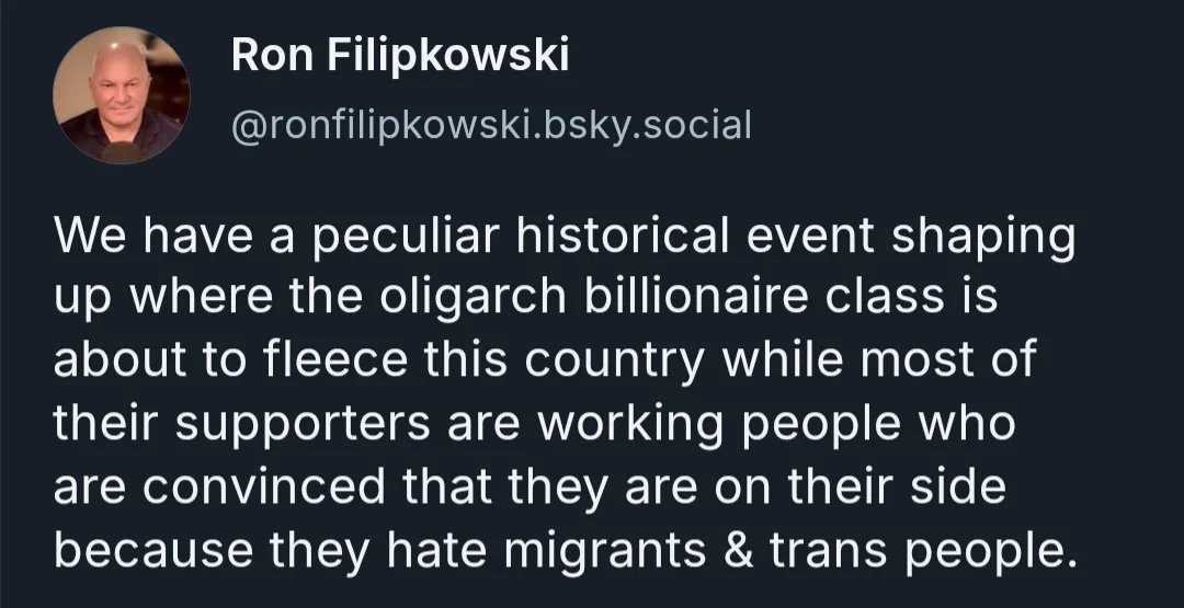 A screenshot of a social media post by Ron Filipkowski, showing his profile picture and a text message that critiques how…