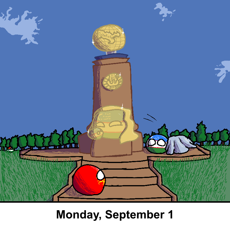 A cartoonish monument with a globe on top and a statue of a woman with a blindfold, set in a grassy field with trees. At the…