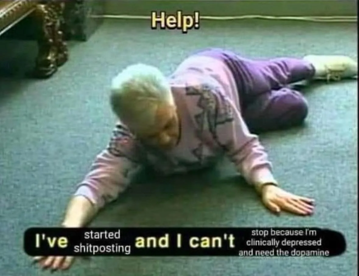 An elderly woman with white hair is crawling on a gray carpet, looking distressed. The image has text overlaid: 'Help!' at…