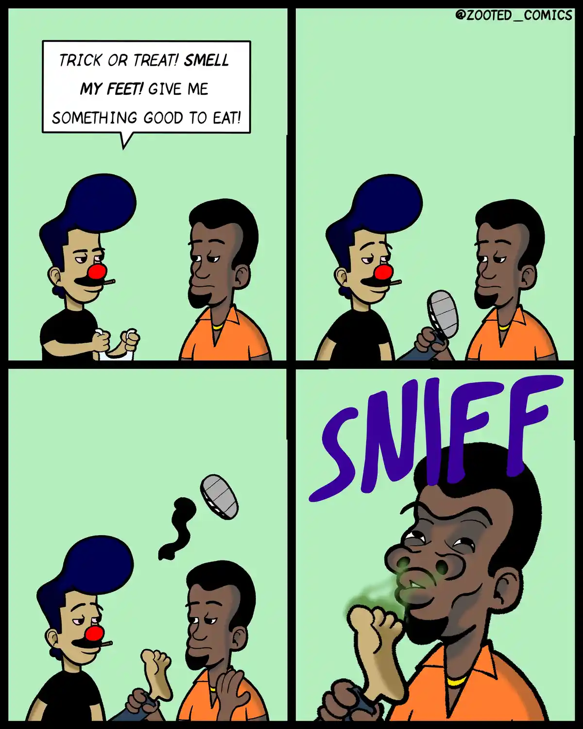 A four-panel comic shows a clown asking a man for candy by demanding he smell his feet. The man reluctantly uses a…