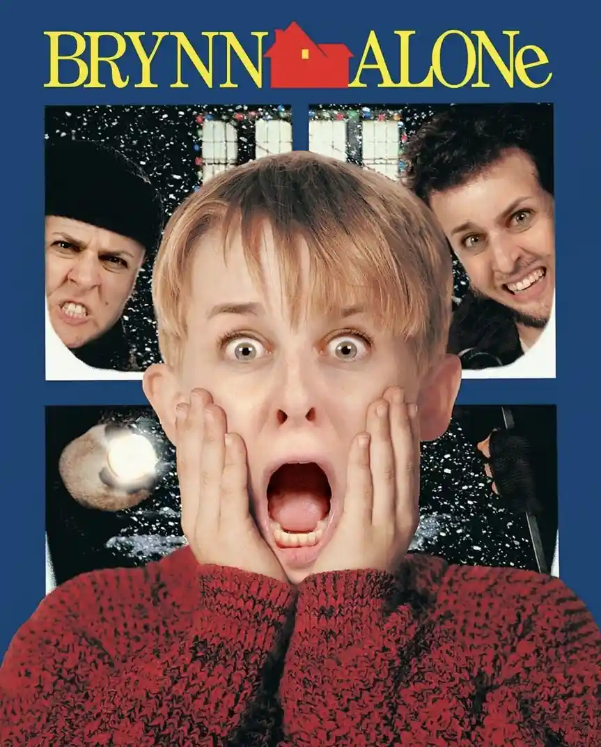 A parody movie poster features a terrified child in a red sweater with hands on cheeks, surrounded by four inset images of…