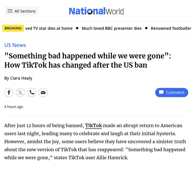 A screenshot of a National World news article about TikTok's return after a US ban, with the headline 'Something bad…