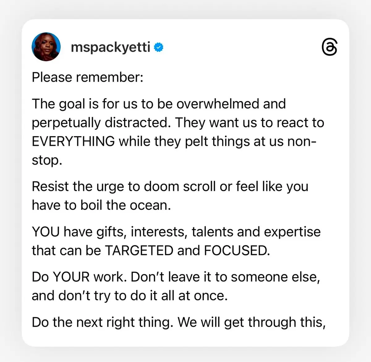 A screenshot of a verified X (formerly Twitter) post by user mspackyetti, displaying a motivational message about resisting…