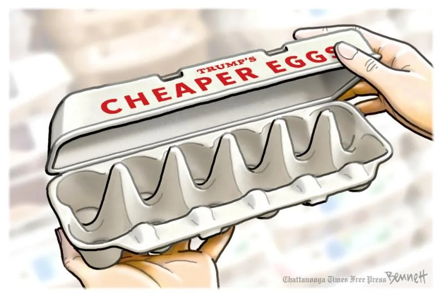 Two hands hold an empty egg carton with red text on the lid reading 'TRUMP'S CHEAPER EGGS'. The carton is completely empty…