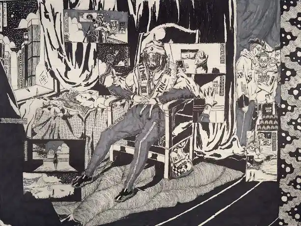 A black-and-white ink drawing depicts a man in a robe and head covering sitting on a throne-like chair, surrounded by…
