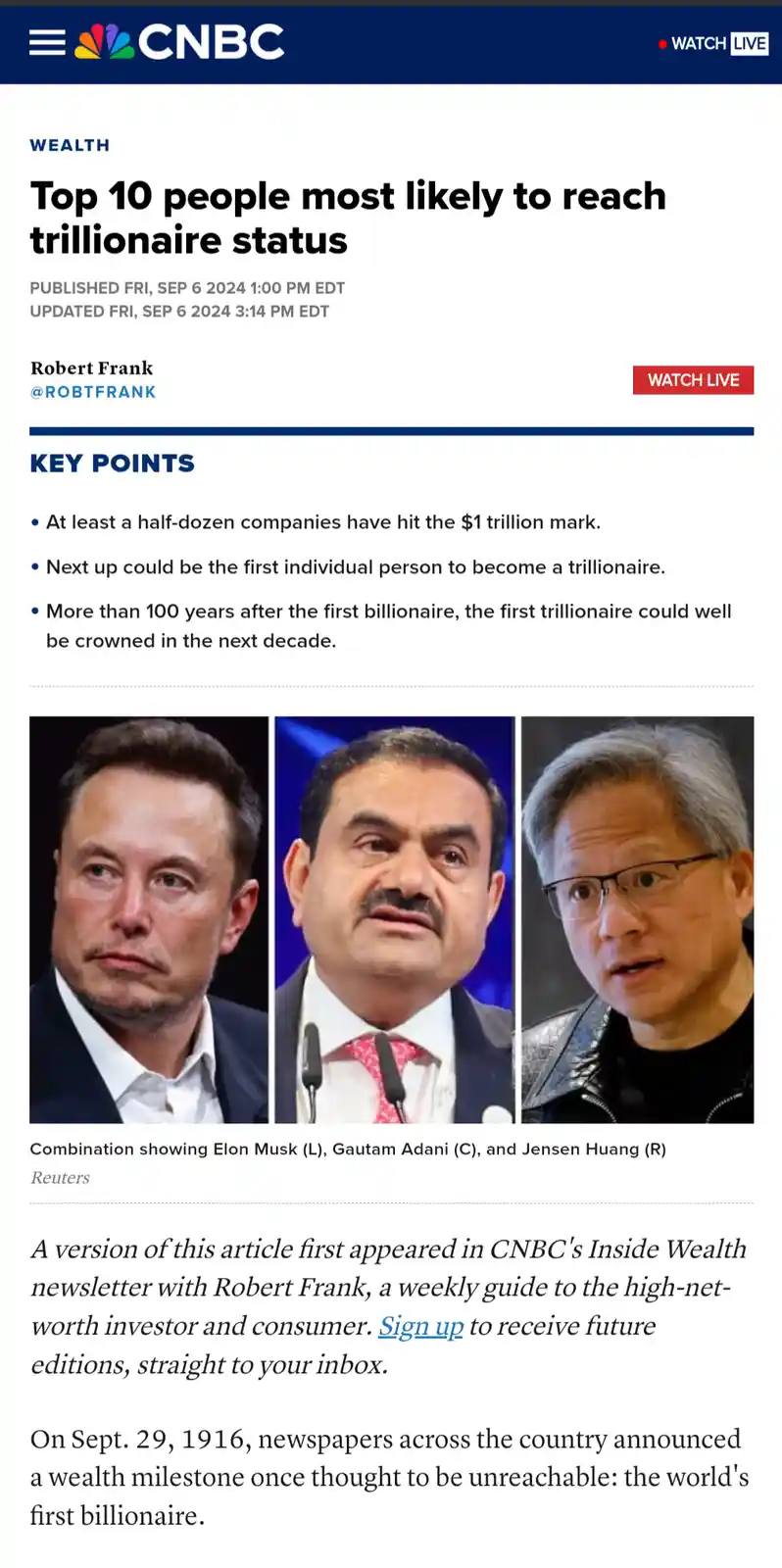A CNBC article screenshot titled 'Top 10 people most likely to reach trillionaire status' features a photo of three men…