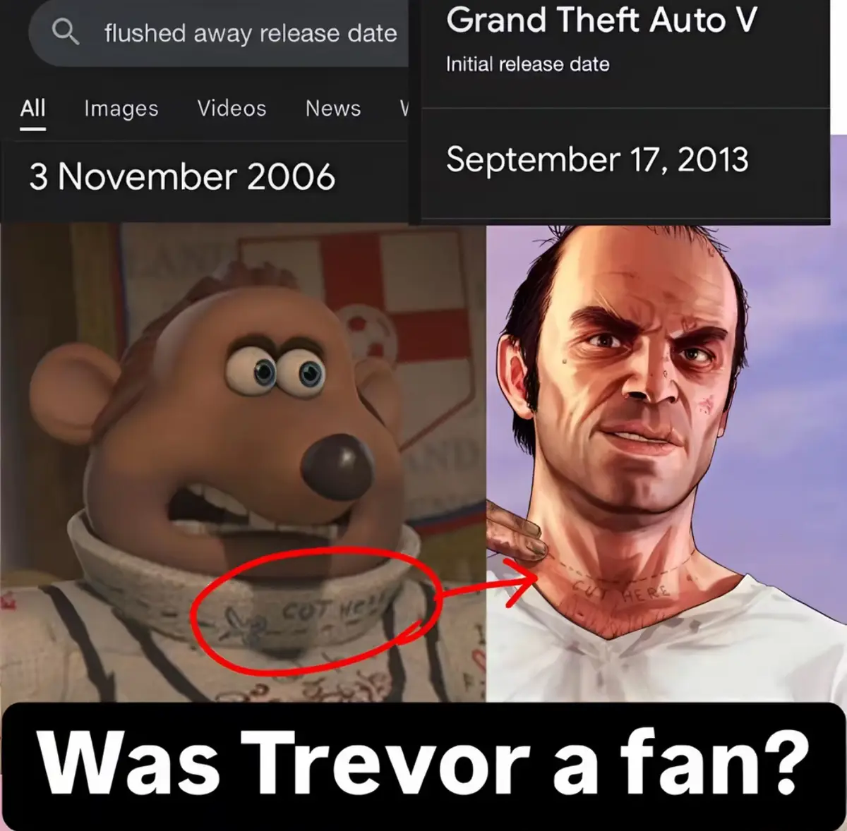 The image shows a split-screen comparison: on the left, a cartoon mouse from 'Flushed Away' (released November 3, 2006) with…