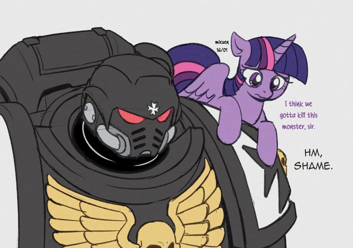 A purple pony with a purple and pink mane and wings, resembling Twilight Sparkle from My Little Pony, is perched on the…