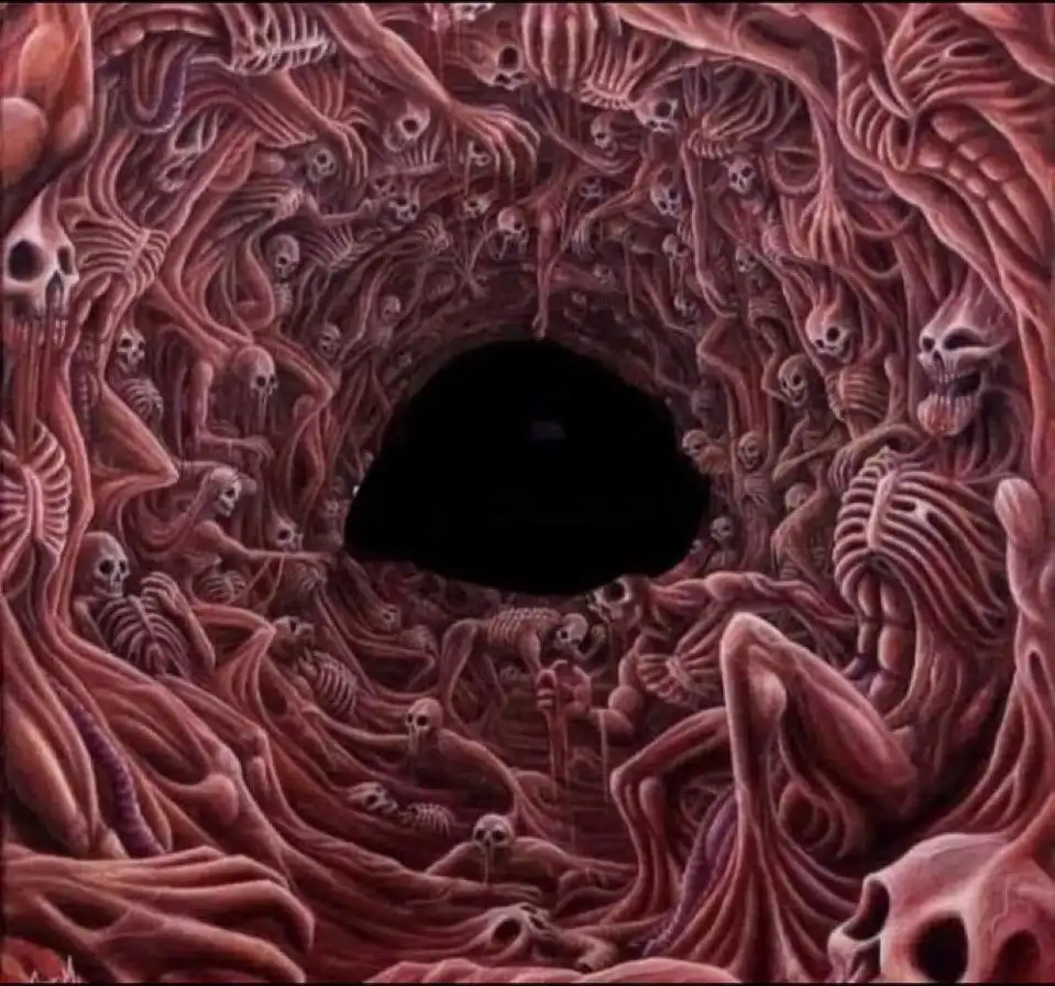 A surreal, dark red tunnel filled with grotesque, skeletal figures and writhing flesh-like tendrils, all converging toward a…