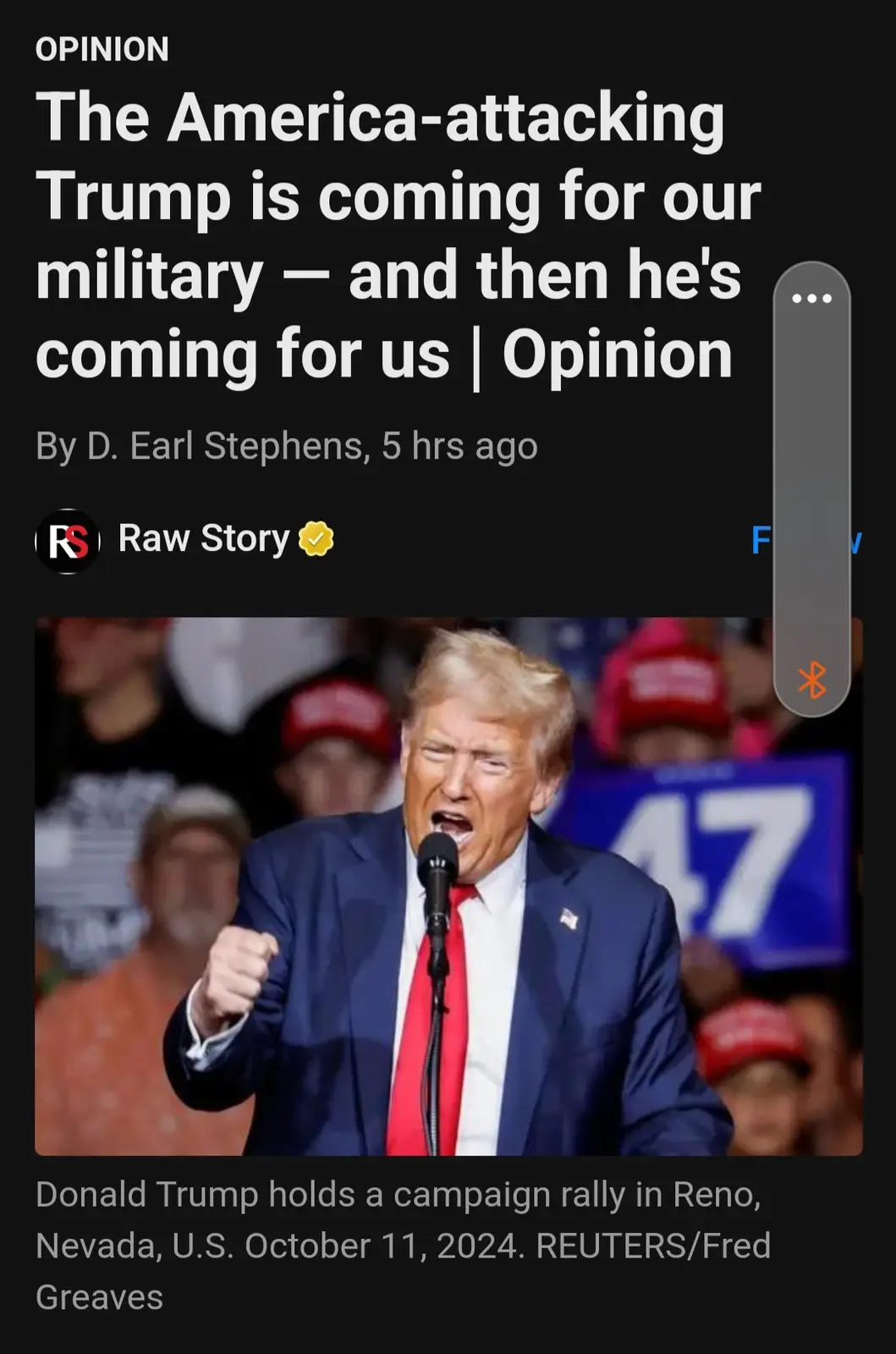 A screenshot of a Raw Story opinion article with the headline 'The America-attacking Trump is coming for our military — and…