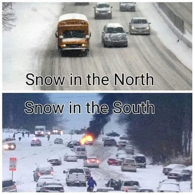 The top panel shows a yellow school bus driving calmly on a snowy road with other cars, labeled 'Snow in the North'. The…