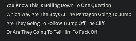 A black background with white text posing a satirical question about the Pentagon's decision-making regarding Trump. The…
