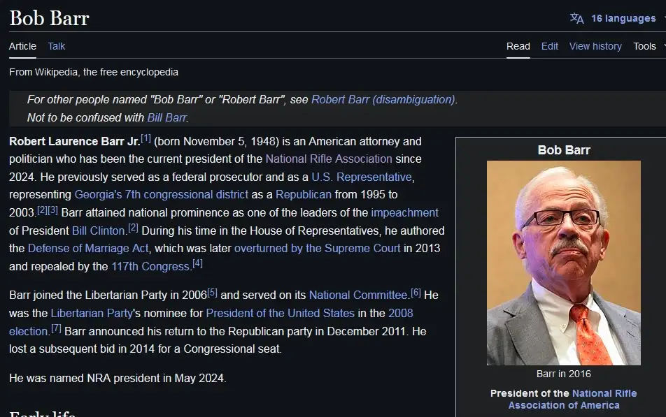 A screenshot of the Wikipedia article for Bob Barr, showing his portrait and biographical text. The image includes a photo…