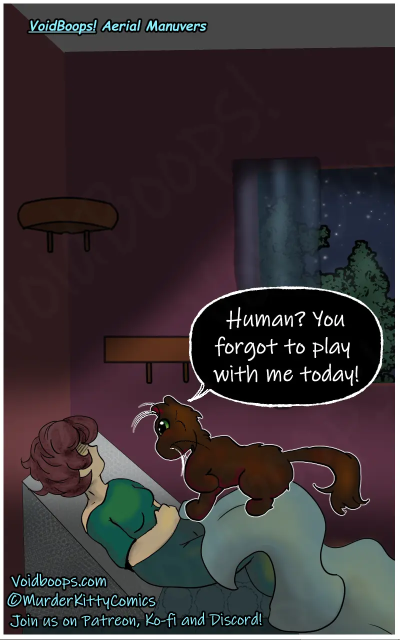 A cartoon cat with glowing green eyes and white whiskers is perched on a sleeping human's chest in a dimly lit room at…