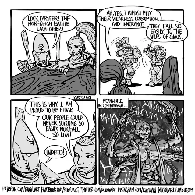 A four-panel comic strip shows two Eldar characters praising the Mon-Keigh (Orks) for their constant infighting, believing…