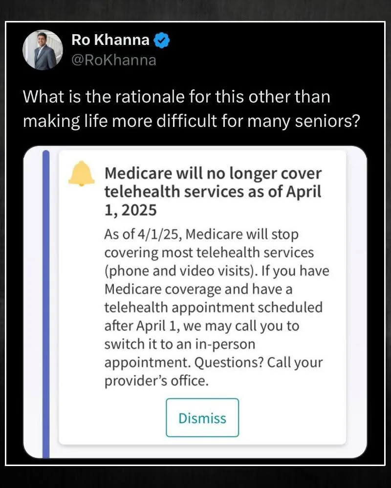 A screenshot of a tweet by Ro Khanna showing a notification that Medicare will no longer cover telehealth services as of…