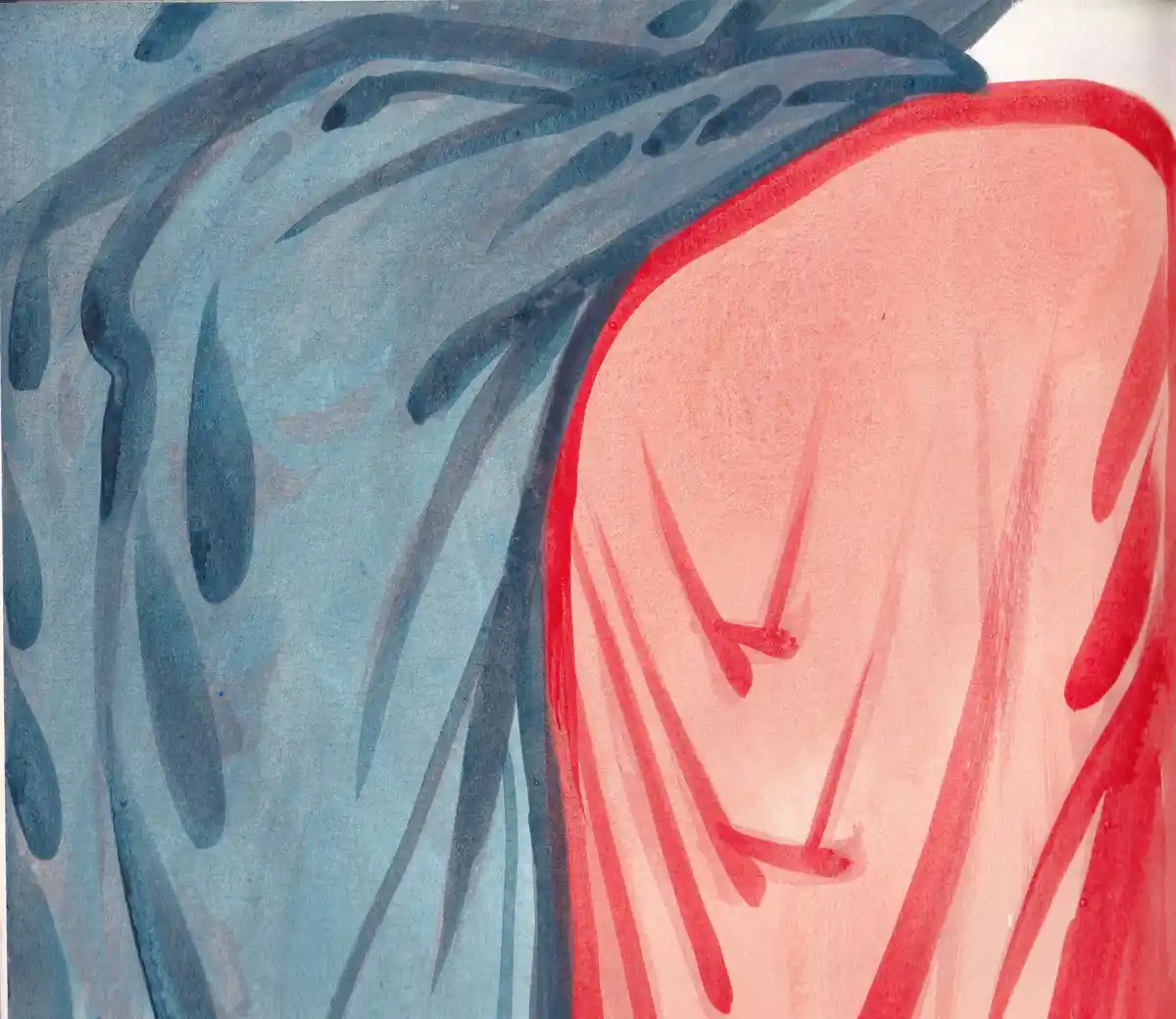 An abstract watercolor painting shows a stylized red figure with minimal facial features, set against a blue background with…