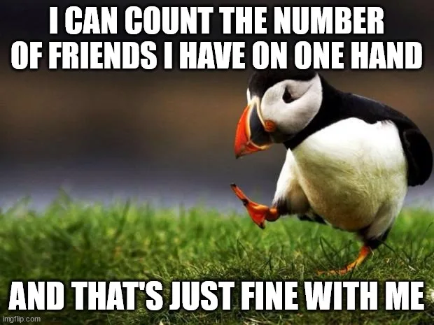 A penguin stands on grass, lifting one foot as if counting on its hand. White bold text overlays the image, stating 'I CAN…