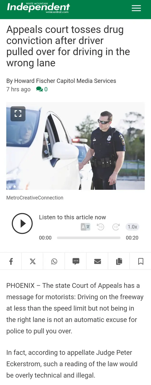 A screenshot of a news article from the White Mountain Independent shows a police officer standing next to a white car with…