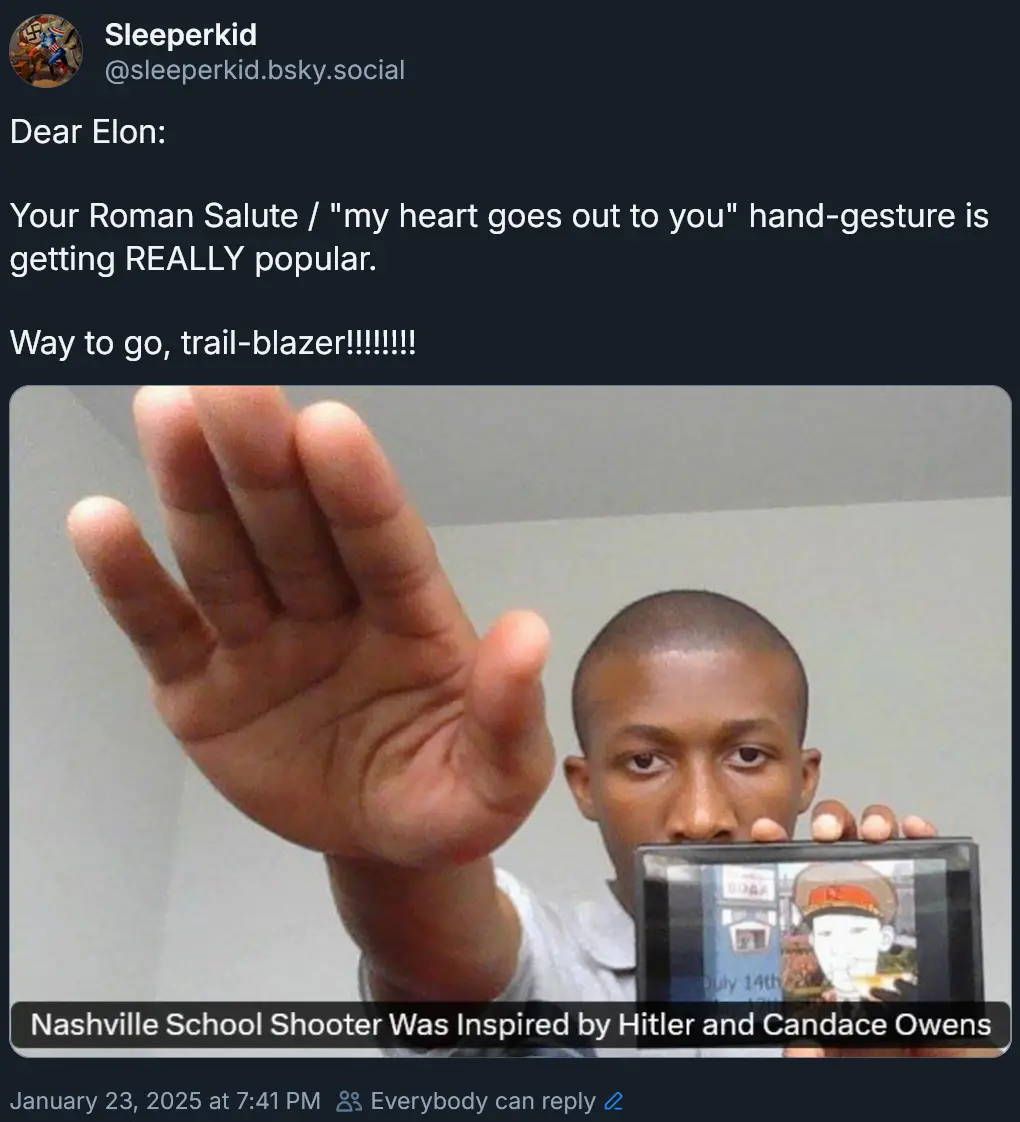A screenshot of a social media post by 'Sleeperkid' shows a photo of a young Black man holding up his hand in a Roman salute…